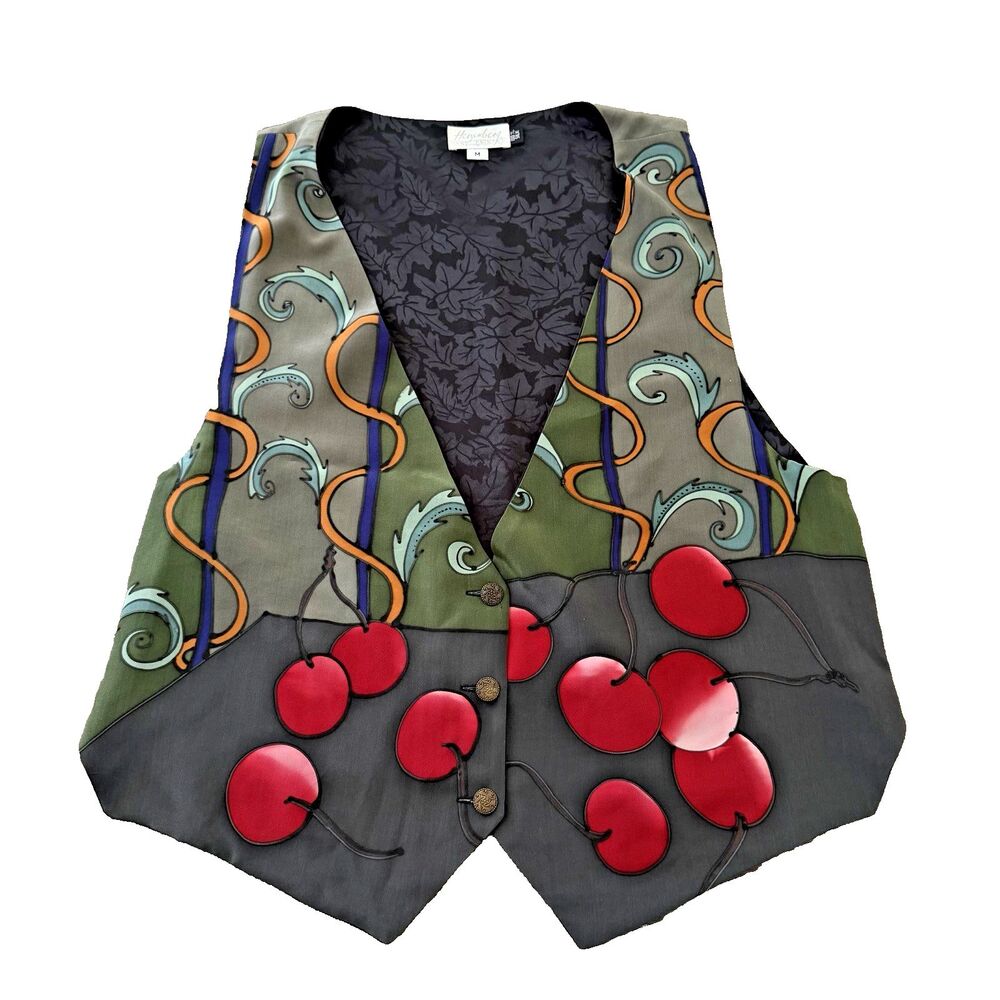Jane Herzenberg Vest Signed Hand Painted 100% Silk Wearable Artsy Sz M Cherries
